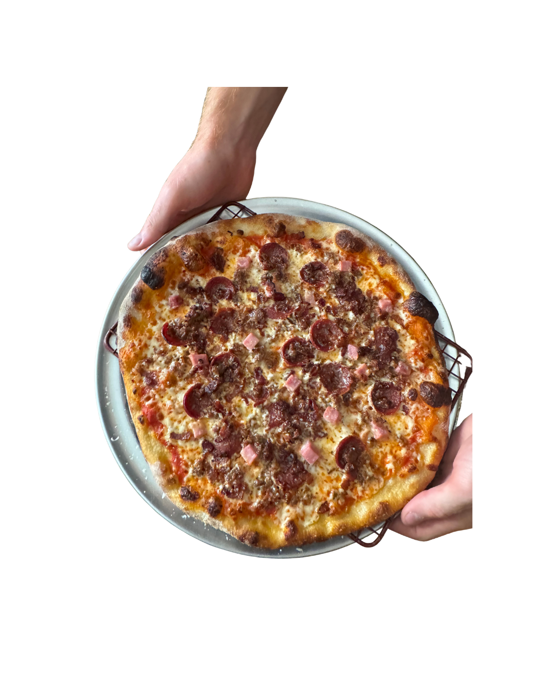 Hands holding pizza pan